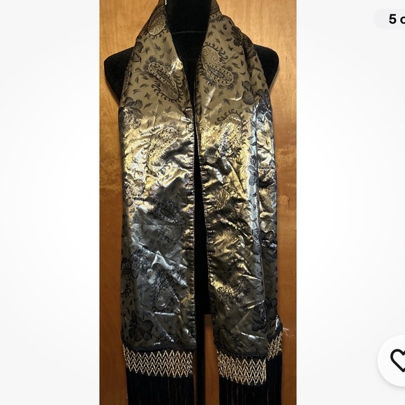 Morgan Taylor Gold And Black Velvet Fringe Scarf Made In Italy - Picture 4 of 8